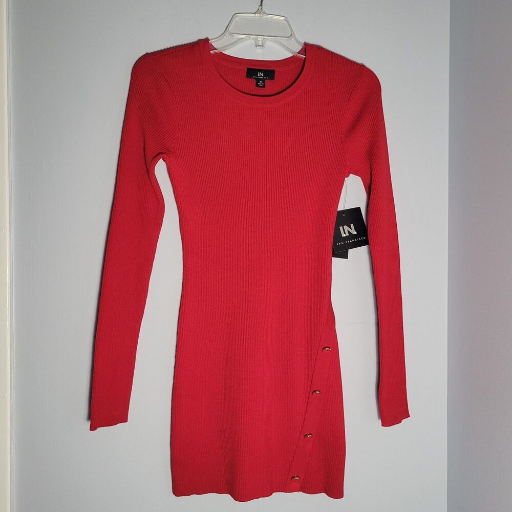 I.N. San Francisco NWT Red Ribbed Sweater Dress Long Sleeve Gold Buttons Size M